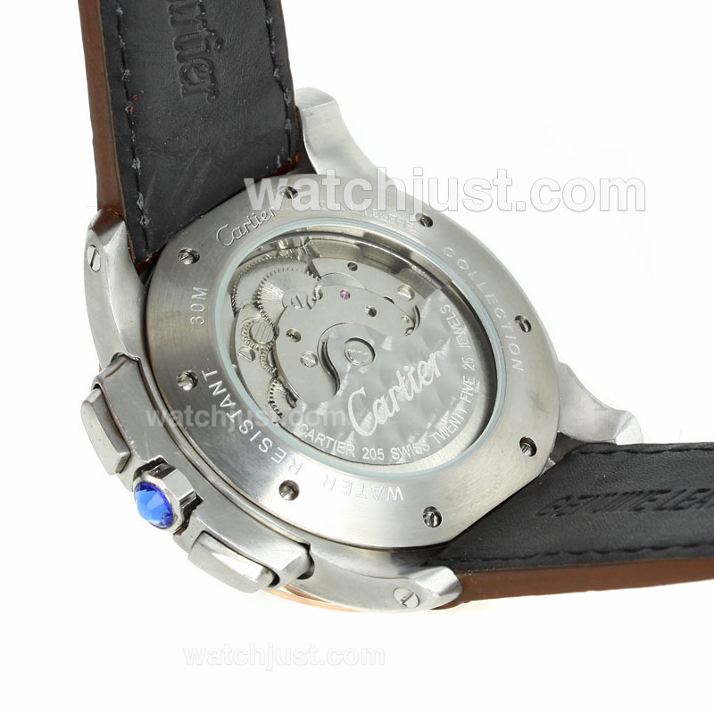 Replica Cartier Calibre De Cartier Tourbillon Automatic Two Tone With White Dial Leather Strap Watch