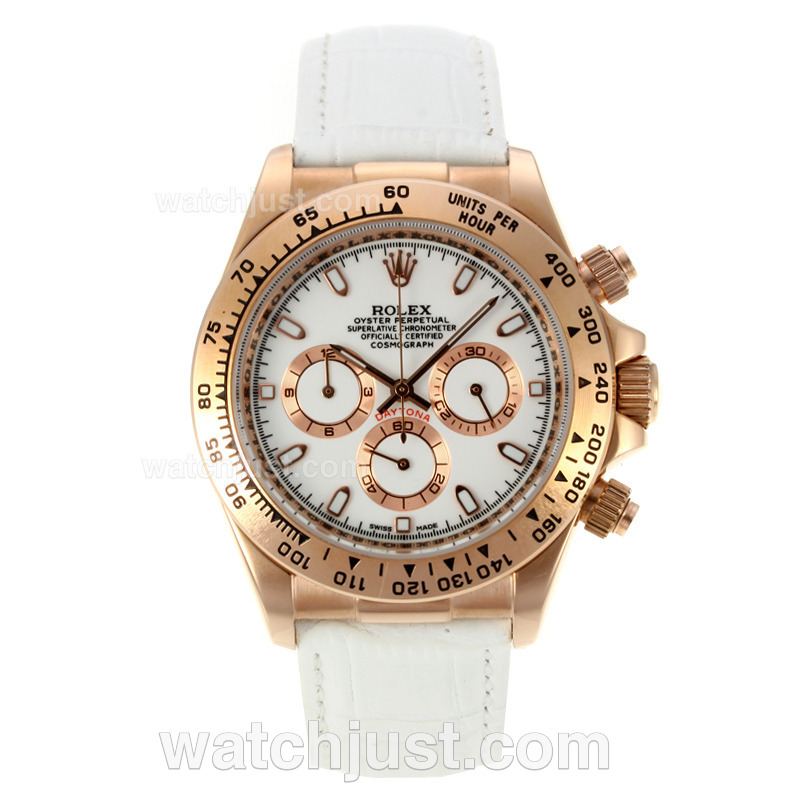 Replica Rolex Daytona Working Rose Gold Case With White Dial Leather Strap Watch
